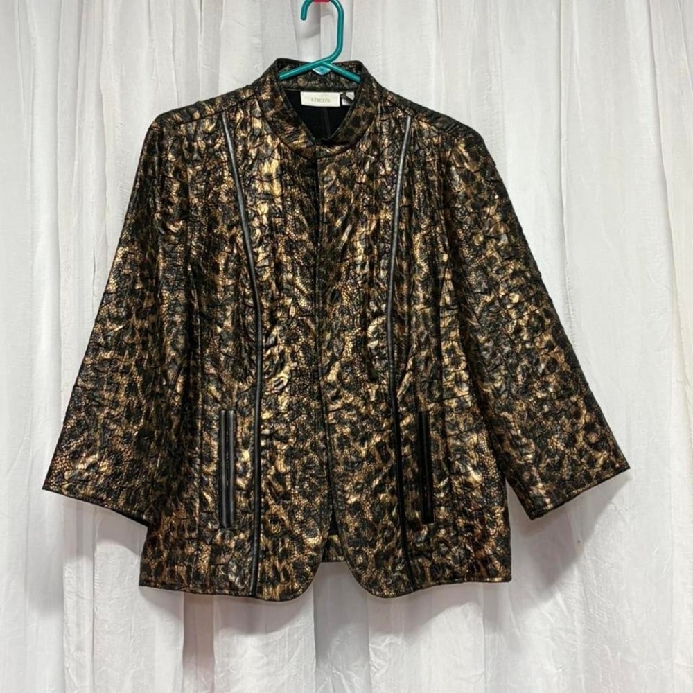 Chicos metallic‎ animal print jacket size 1 faux leather trim glam statement
